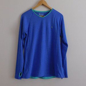 Women's Champion V Neck Blue Long-sleeve Running Shirt w/ Thumb Holes, Size L